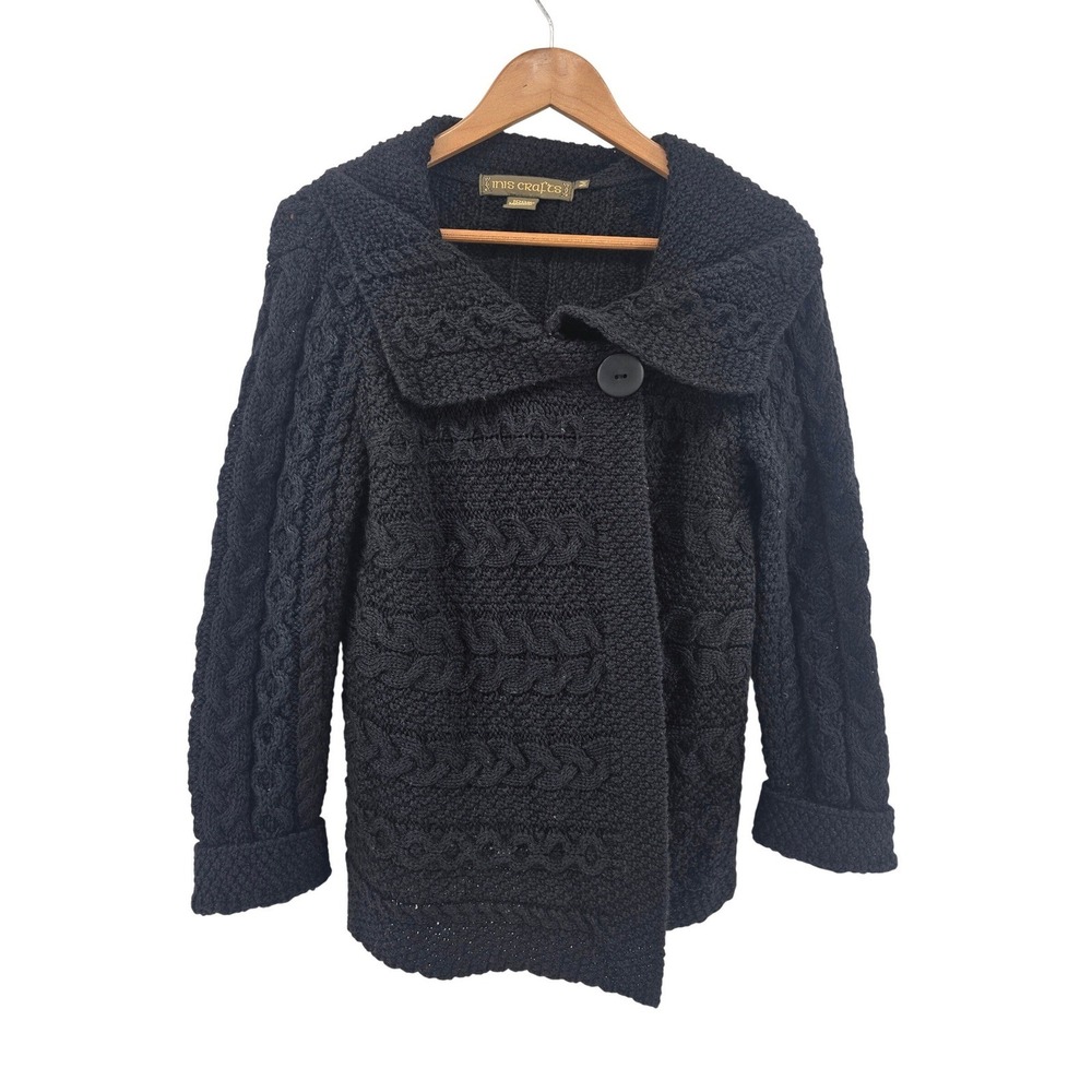 Inis Crafts Cardigan Women Medium Black Merino Wool Cable Knit Aran Irish Jacket
